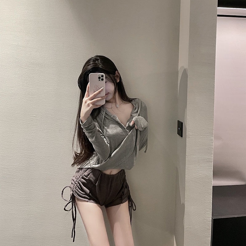 Áo Thun Tay Dài Có Mũ Trùm Đầu Cổ Chữ V Dáng Rộng Thời Trang Quyến Rũ Cho Nữ