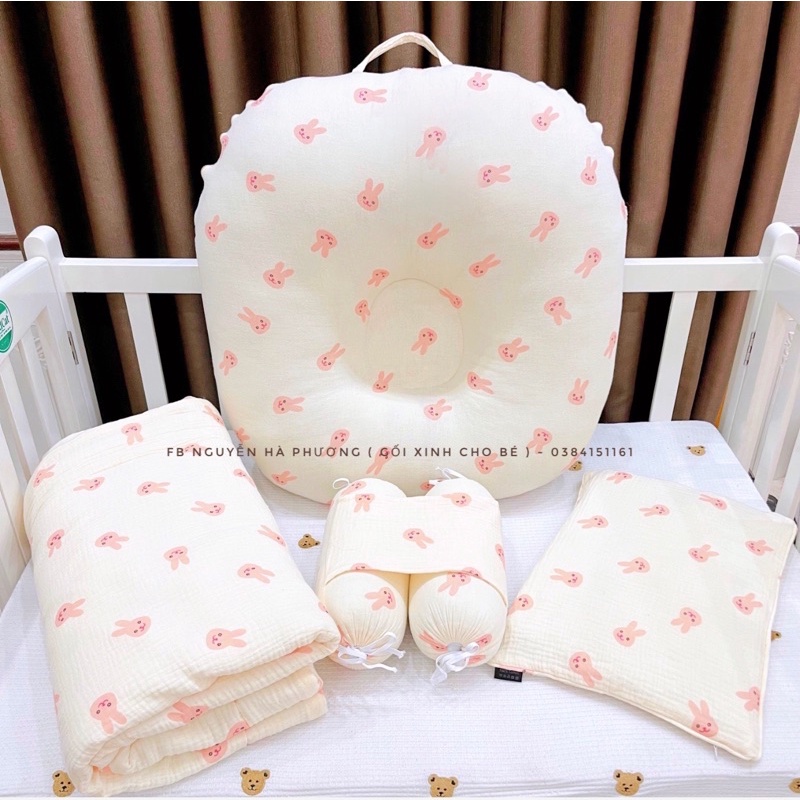 Set chăn gối xô muslin organic cao cấp 4 món cho bé ( nhiều màu )