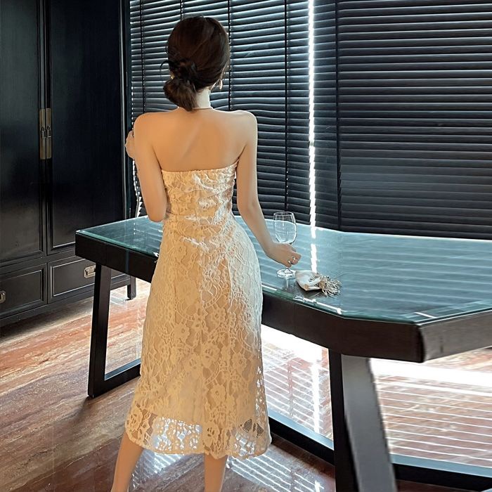 Đầm Hai Dây Dáng Dài Xẻ Tà Phối Ren Hoa Thời Trang Thanh Lịch Gợi Cảm Cho Nữ