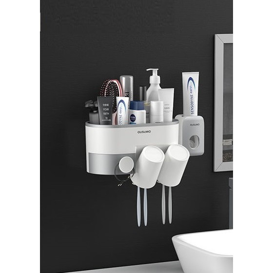 [YAMATO] Kệ đựng đồ, treo bàn chải đánh răng phòng tắm Ousuwo kèm cốc nhựa ABS dán tường