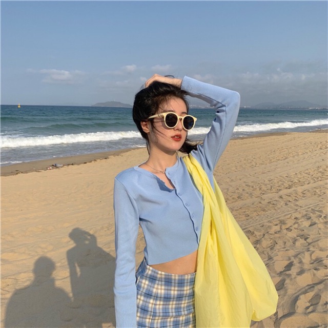 Áo Croptop Dài Tay ❤️ Áo Croptop nữ YAN len tăm nút giữa