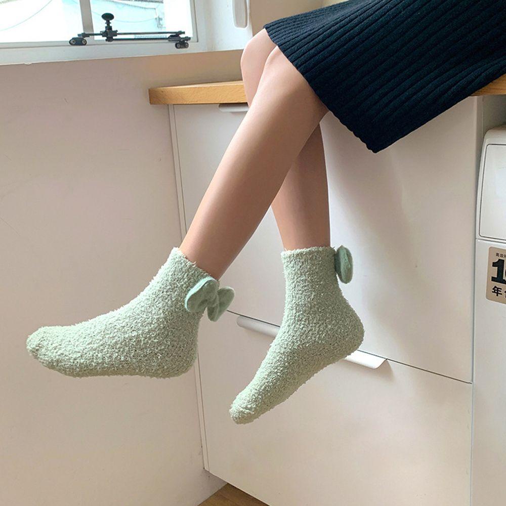 Vớ Ngủ Vải Lông Cừu San Hô Màu Trơn Đính Nơ Dễ Thương Cho Bạn Gái