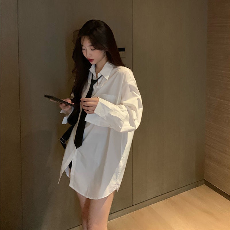 Áo Sơ Mi Trắng Tay Dài Dáng Rộng Phong Cách Bạn Trai Jiashucheng Dễ Phối Đồ