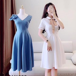 Đầm Xòe Cổ Trụ Cột Nơ Hàng Thiết Kế Thời Trang Nữ TT