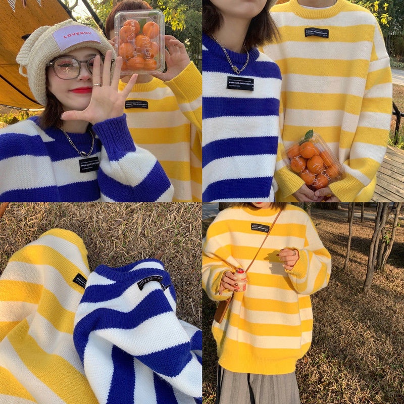 Áo Len Dài Tay Cổ Tròn Form Rộng Họa Tiết Kẻ Sọc Thiết Kế Mới Thời Trang Theo Phong Cách Hàn Quốc Dành Cho Nữ