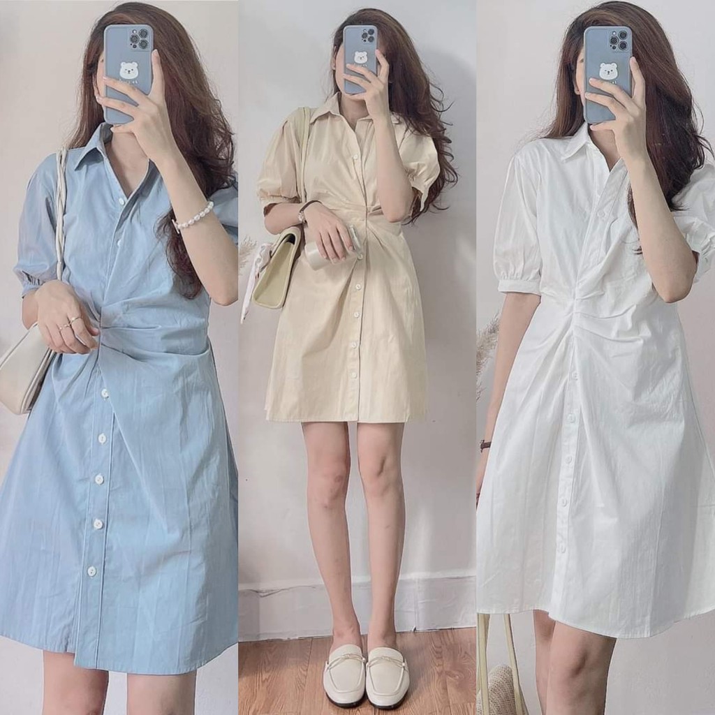 Đầm Váy Sơmi 3 Màu Thiết Kế Nhún Eo Thanh Lịch Cách Điệu - Đầm Công Sở Phong Cách Hàn Quốc