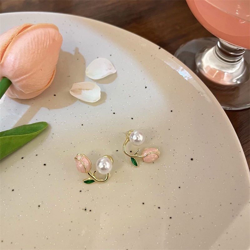 Khuyên Tai Hình Hoa Tulip Đính Ngọc Trai Nhân Tạo Thời Trang