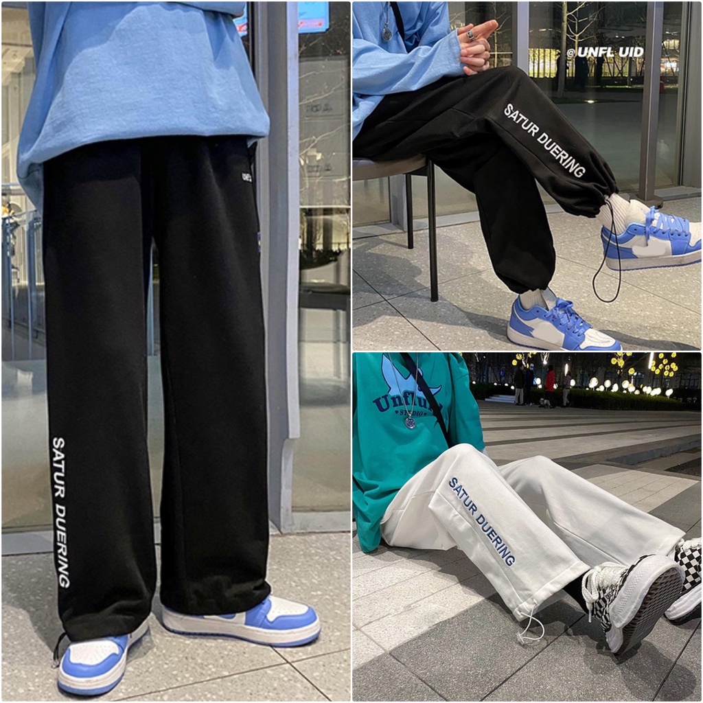 Quần Ổng Rộng Unisex Nam Nữ 2 Màu - Quần Jogger Thêu Chữ Ulzzang Dây Rút Ở Gấu