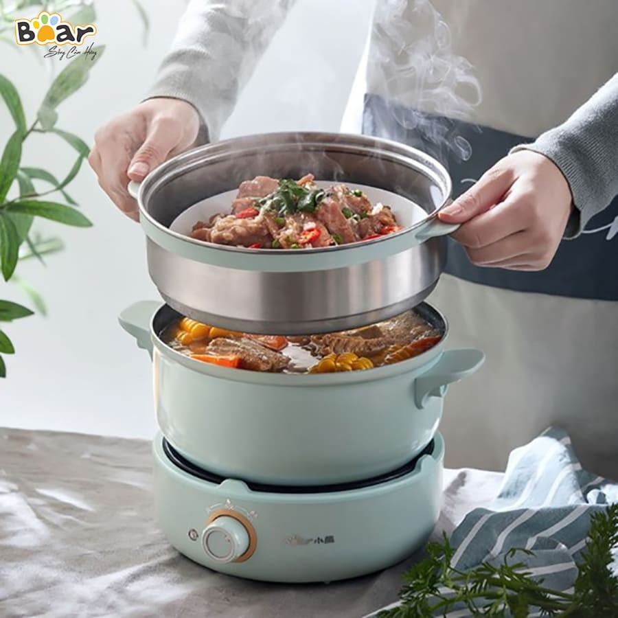 [Nội địa] Nồi nấu đa năng chiên xào nấu lẩu kèm lồng hấp 2.5L Bear DHG-B25Z1 700W màu xanh ngọc - Hàng chính hãng