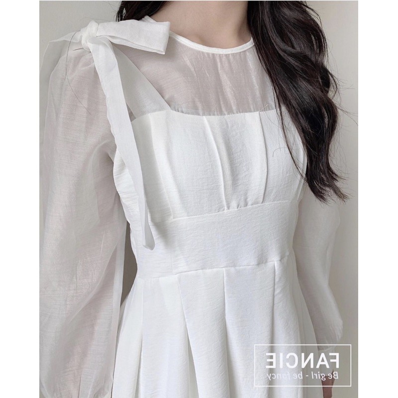 Đầm nữ trắng dễ thương xếp li phối nơ | BigBuy360 - bigbuy360.vn