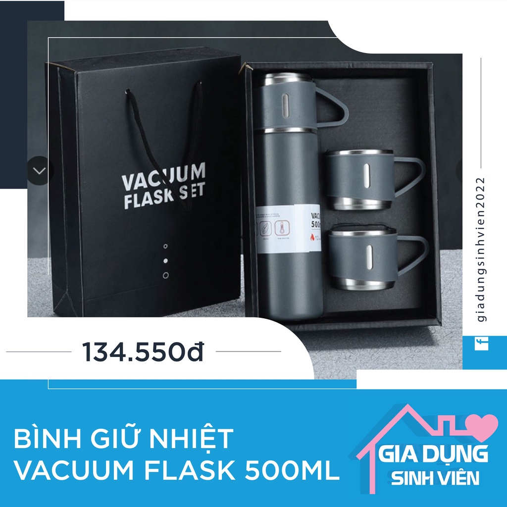 Set Bình Giữ Nhiệt 2 Cốc Vacuum Flask 500ml Inox Cao Cấp