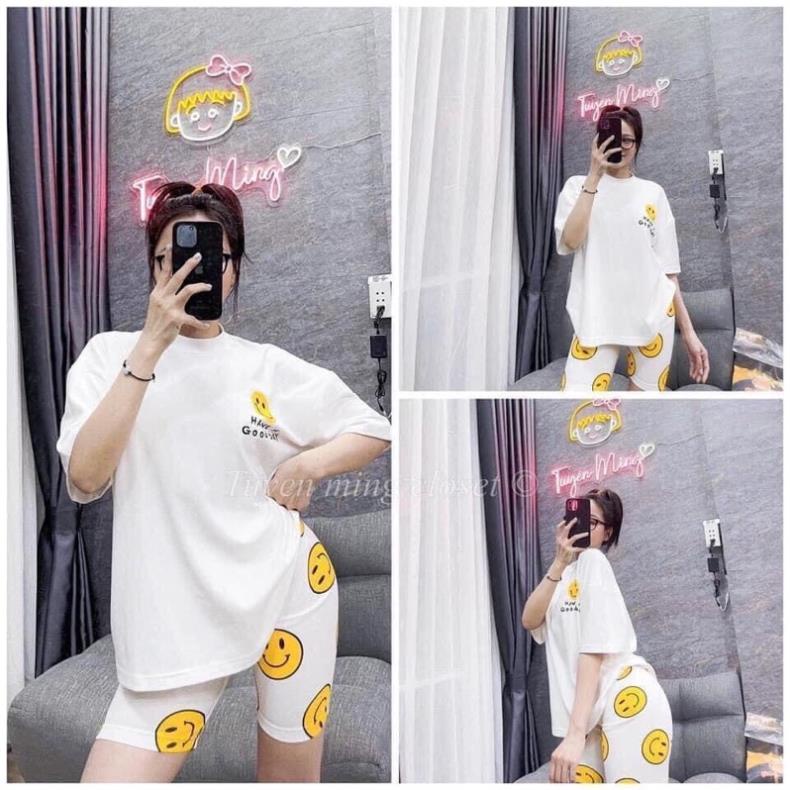 Bộ Áo Thun Quần Short Ống Rộng Mặt Cười🦋 Set Áo Tay Lỡ Vintage Kèm Quần Đùi In Hình ICon Hot Hit🦋 [XẢ KHO]