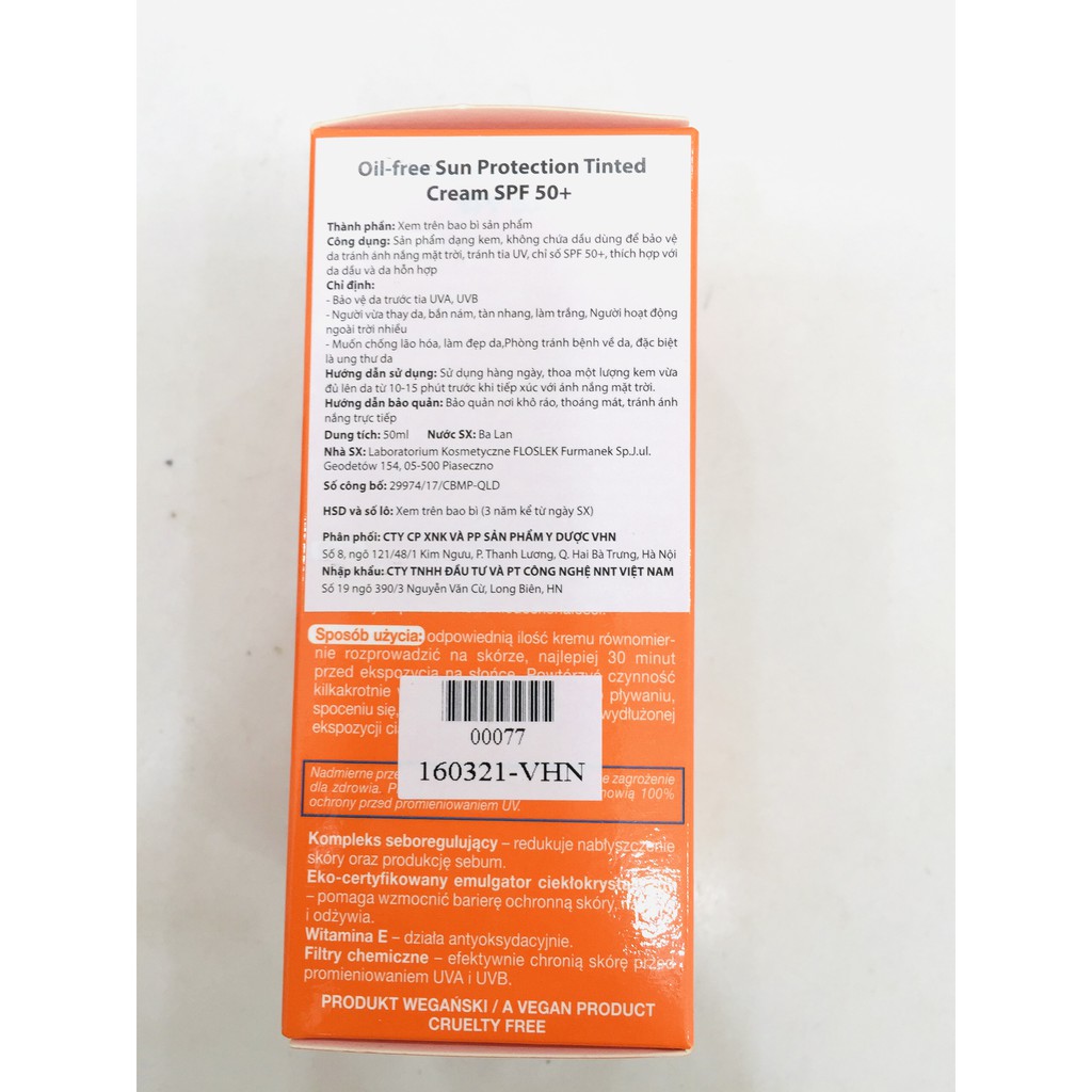FLOSLEK SUN CARE OIL FREE SUN PROTECTION TINTED CREAM SPF 50+ - Kem chống nắng chỉ số SPF 50+