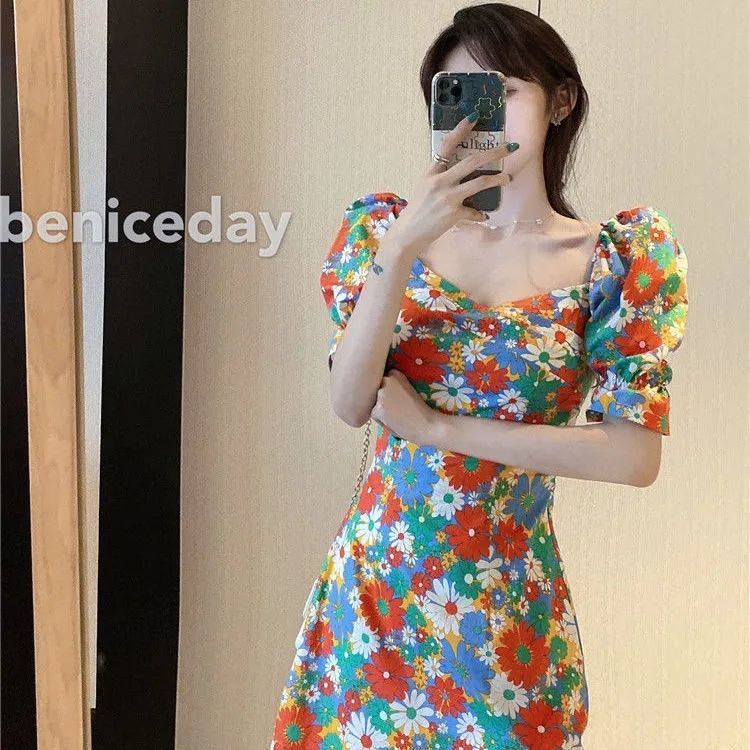 Đầm Hoa Tay Phồng Cổ Vuông Thời Trang Pháp Xinh Xắn