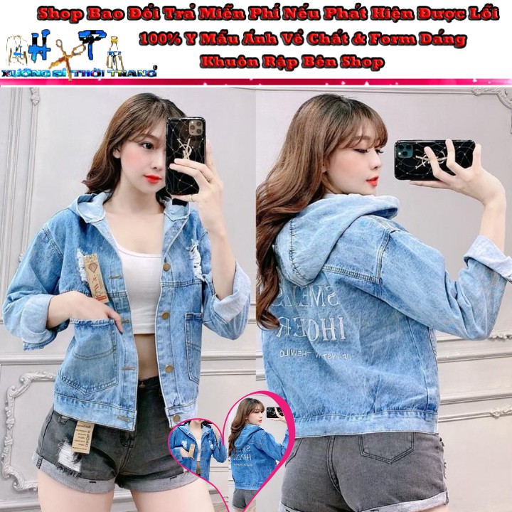 Áo Khoác Jeans Nữ có Nón Mũ Coton Cao Cấp  Phối Túi To Cào Rách Thêu Chữ Thời Trang 2020-Hàng Có Sẵn