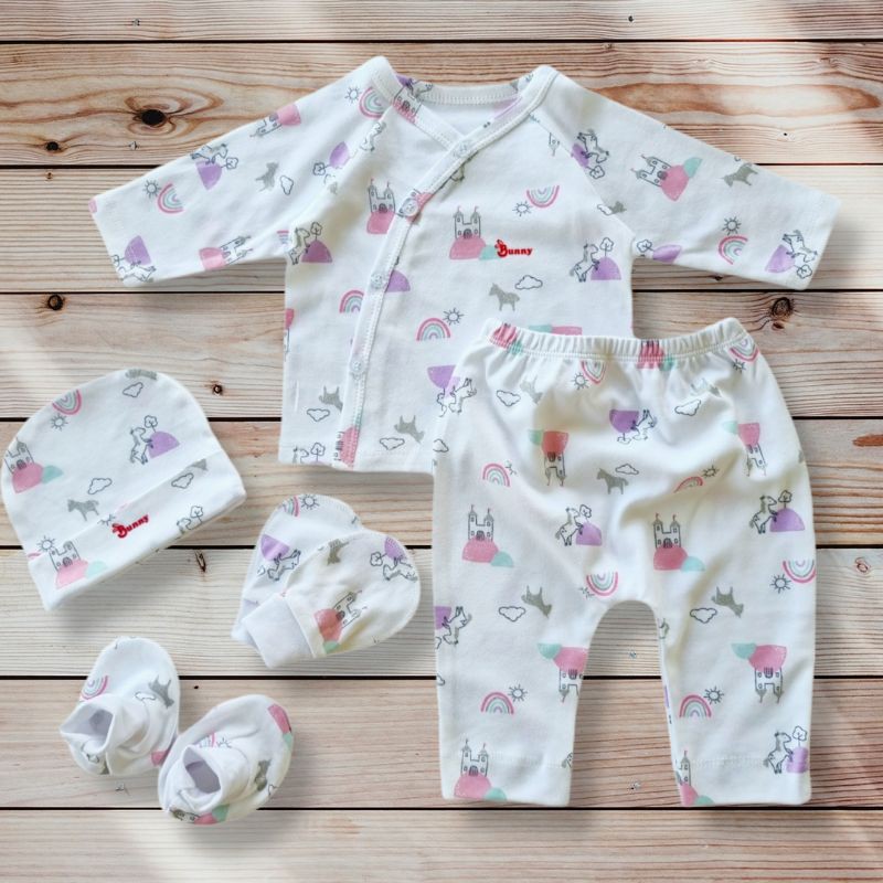 Bộ dài cúc chéo sơ sinh Bunny cotton hàn bao gồm nón vớ