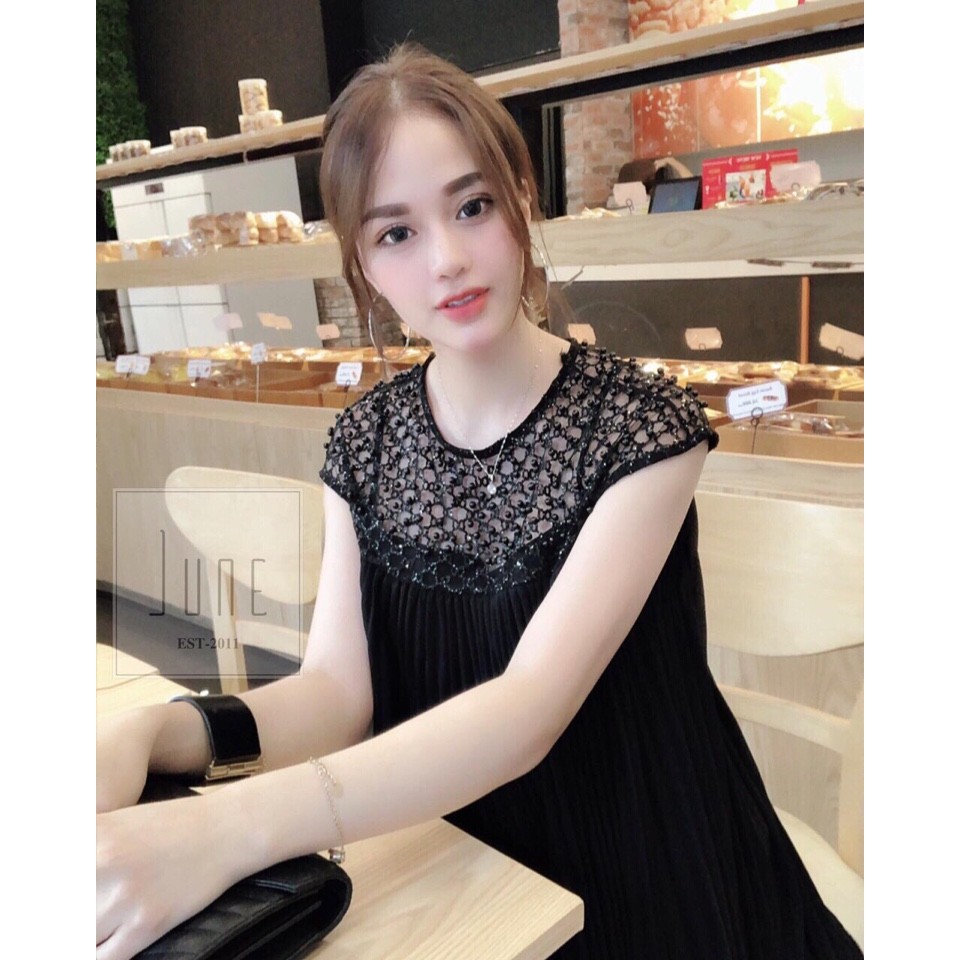 Hình thật Đầm dập li suông đen kết hạt sang trọng không bầu bì hoặc bầu bì măc đi tiệc xinh cực kỳ ạ, từ 45_80kg măc đc