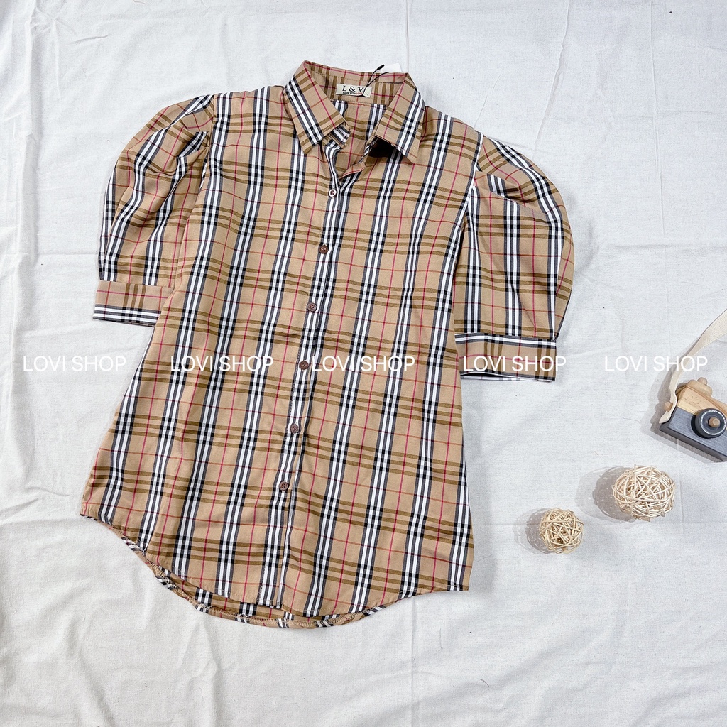 Áo sơ mi sọc tay phồng ngắn họa tiết LOVI