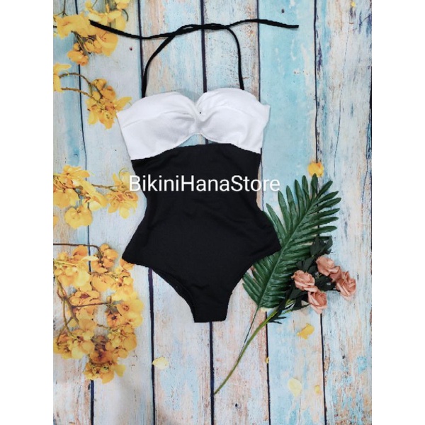 Bikini liền, bikini mảnh hai dây mảnh hai màu trắng đen vải cao cấp