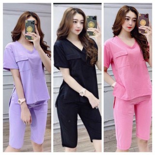 Sét đồ bộ mặc nhà lửng nữ cổ tim nắp túi xẻ tà thun cotton mát mịn