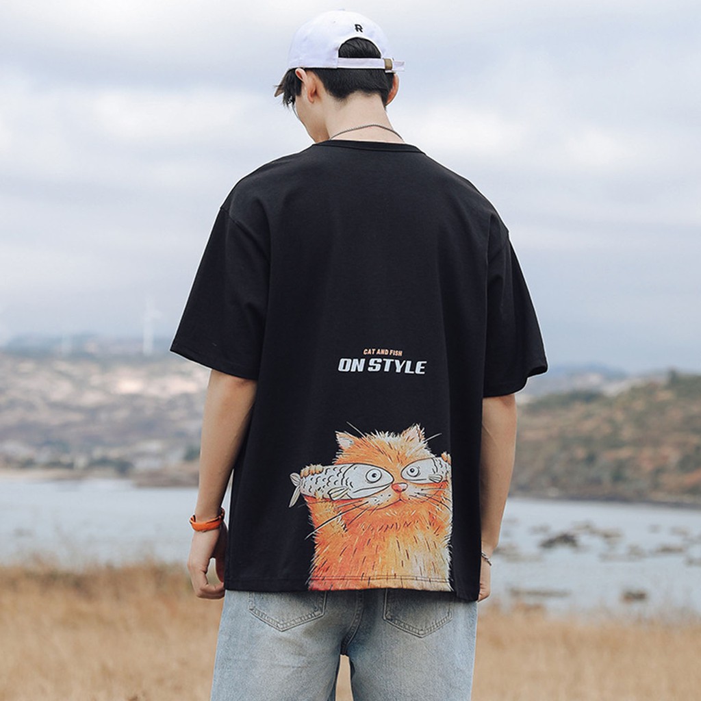 Áo phông unisex CAT AND FISH tay lỡ dáng rộng hot trend 2020 ( Đen, Trắng )