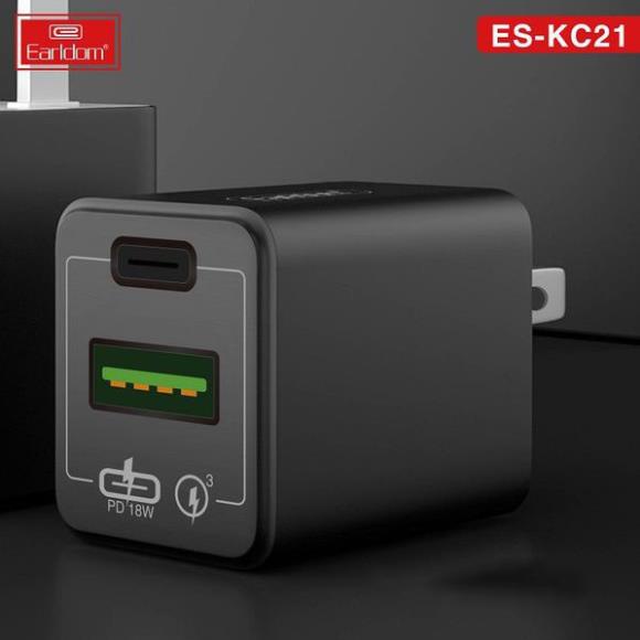 Củ Sạc Nhanh  EARLDOM ES-KC21 gồm 1 cổng USB và 1 cổng Type-C sạc nhanh 18W -Hàng Chính Hãng