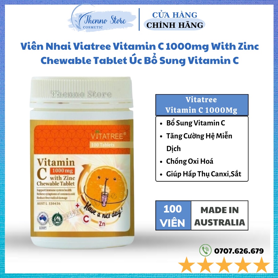 Viên Nhai Viatree Vitamin C 1000mg With Zinc Chewable Tablet Úc Bổ Sung Vitamin C Cho Cơ Thể 100 Viên