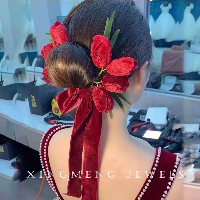 [Aishang Xinh Đẹp] Phụ Kiện Cài Tóc Hoa Đỏ Phong Cách Xiuhe Trung Quốc Phụ Kiện Chụp Ảnh Cưới / Ngày Lễ Xiuhe