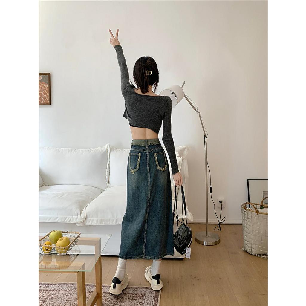 Chân Váy Jean Dài Lưng Cao Xẻ Tà Thời Trang Cho Nữ