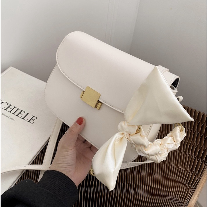 Túi đeo chéo đeo vai dây da phối khăn lụa hàng quảng châu có khóa miệng túi thời thượng trẻ trung