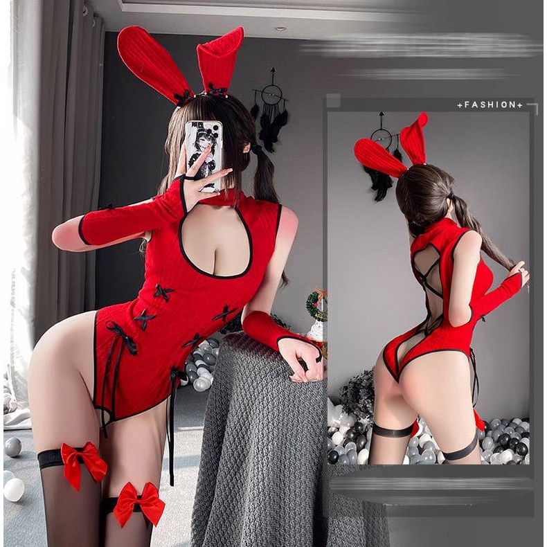 Bộ Đồ Ngủ Liền Thân Kiểu Sườn Xám Dệt Kim Màu Đỏ In Hình Thỏ Quyến Rũ Cho Nữ