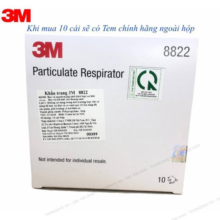 Khẩu trang 3M 8822 van 1 chiều lọc bụi mịn bảo vệ hô hấp, thích hợp sử dụng trong môi trường ô nhiễm