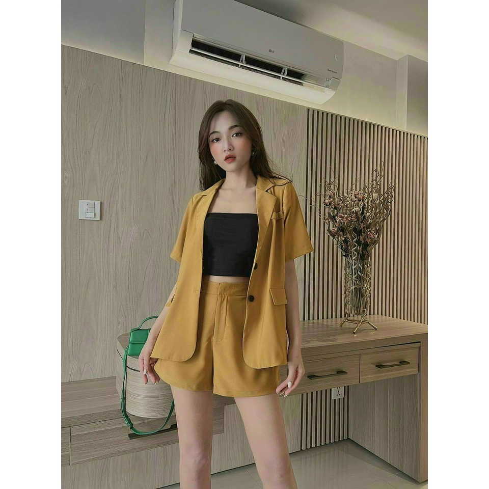 (Freeship)Sét 3 chi tiết  áo vest tay ngắn phối quần có túi,kèm lót cotton,thiết kế trẻ trung năng động