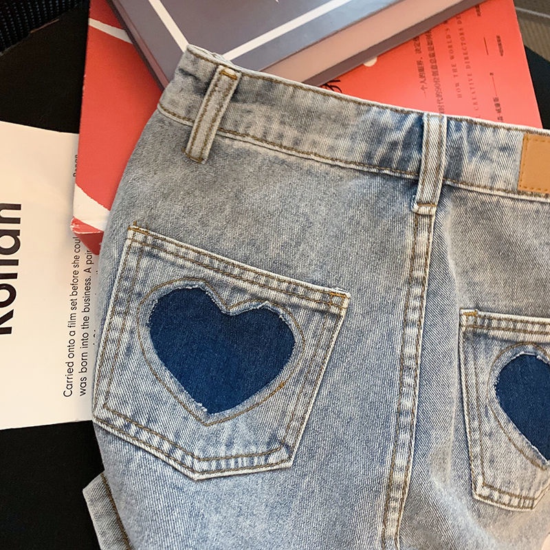 Quần Short Denim Lưng Cao Dáng Suông In Họa Tiết Trái Tim Phong Cách Cổ Điển Mẫu Mới Thời Trang Mùa Hè Cho Nữ