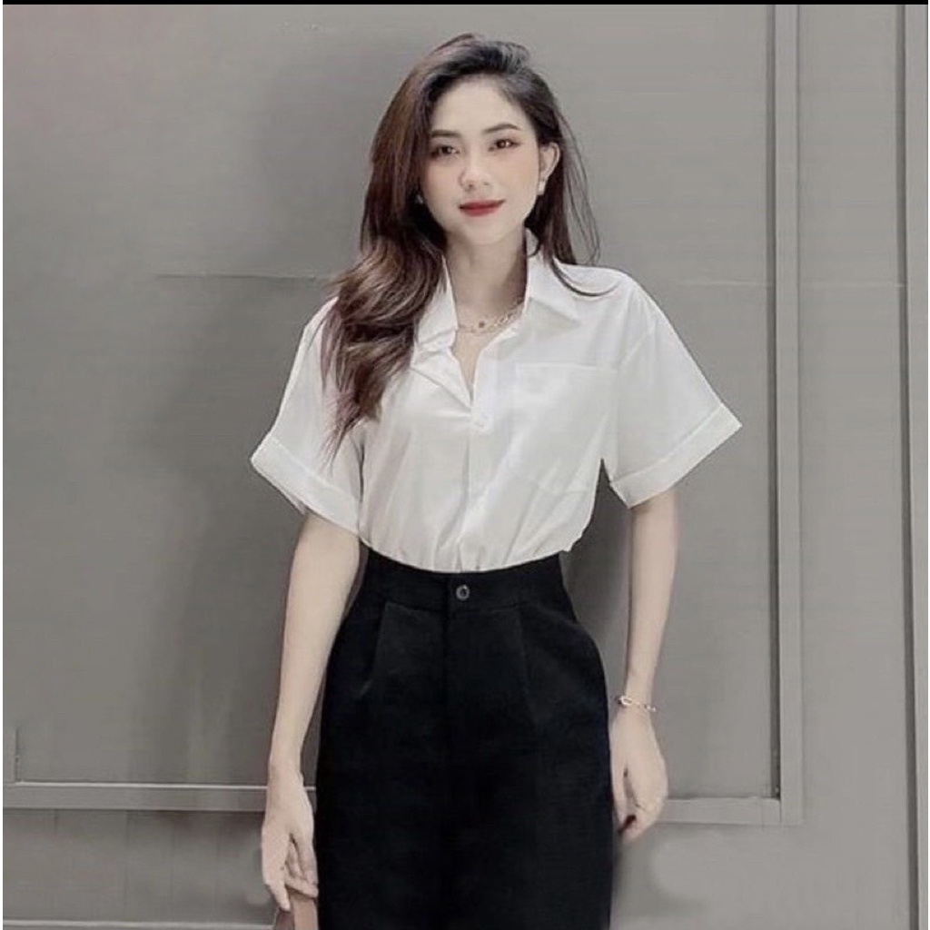 Áo sơ mi nữ cộc tay xắn có túi, Áo sơ mi trắng nữ tay lỡ form rộng vải lanh trơn