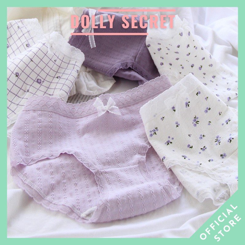 Quần lót nữ cotton sợi tre cao cấp tone màu tím họa tiết kẻ hoa len tăm kháng khuẩn cạp thấp DOLLY SECRET QL044