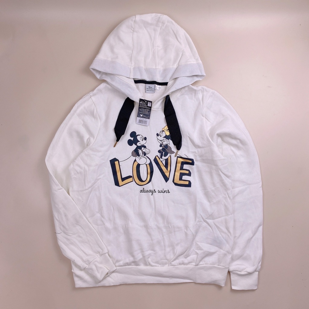 Áo nỉ hoodie Disney màu trắng mickey minnie chữ Love vàng dòng Đại