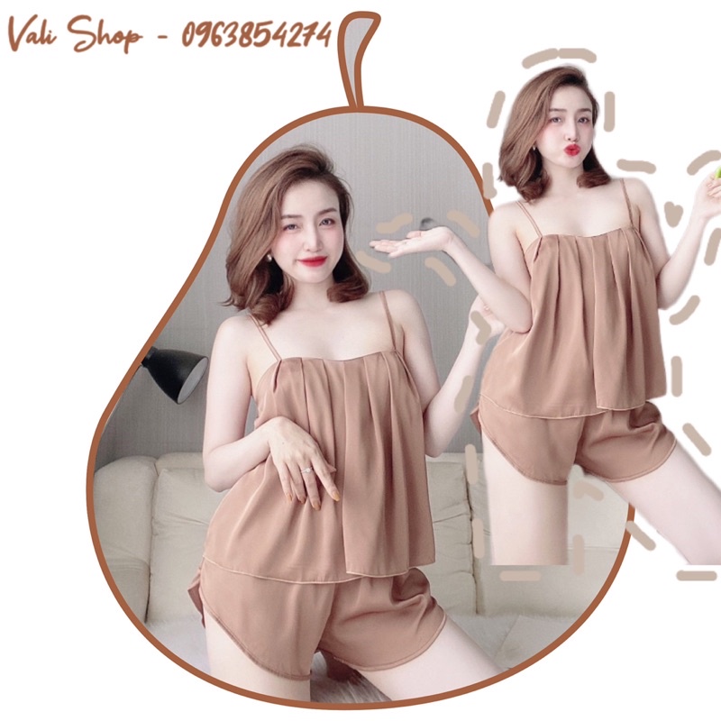 Đồ ngủ lụa latin 2 dây xếp ly quần lai cua freesize 42-57kg