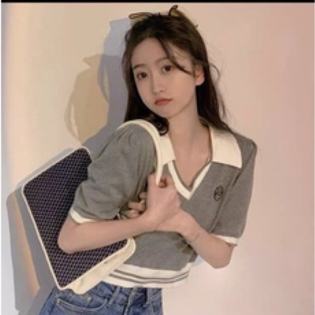 Áo len croptop cổ bẻ viền áo cộc tay