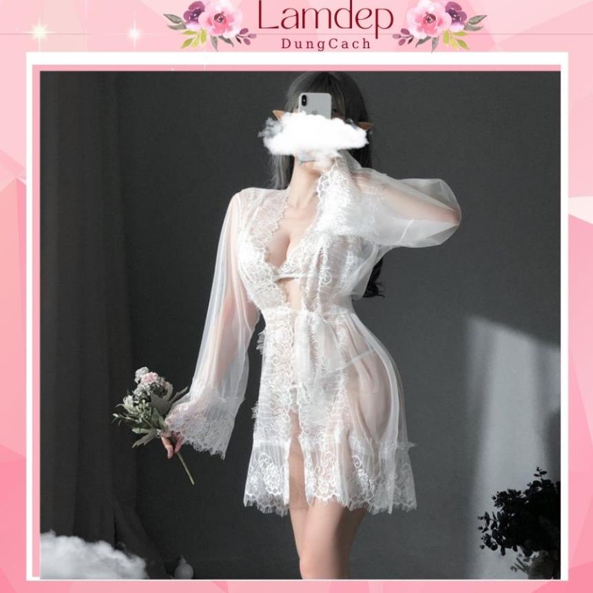 Áo choàng ngủ ren kèm nội y - Váy ngủ xuyên thấu siêu mỏng sexy tay dài gợi cảm CTD1057 😍
