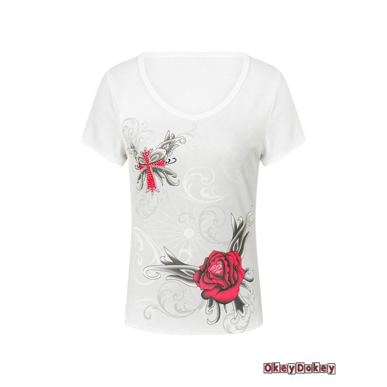 Áo Thun Mỏng Cổ Tròn Tay Ngắn Đính Đá Hình Hoa Cho Nữ Okdk-Y2K