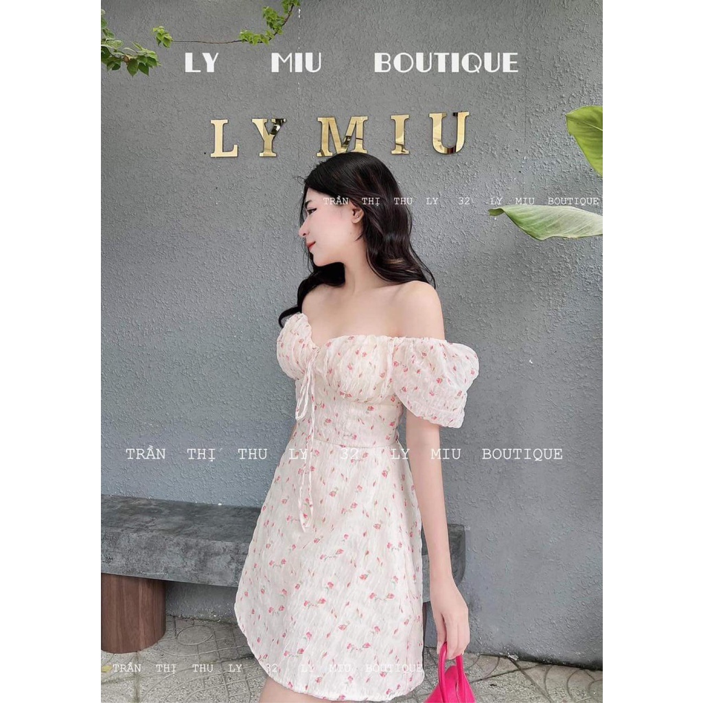 Váy hoa nhí cổ vuông dáng ngắn tay bồng, Đầm tay phồng hoa xốp nổi