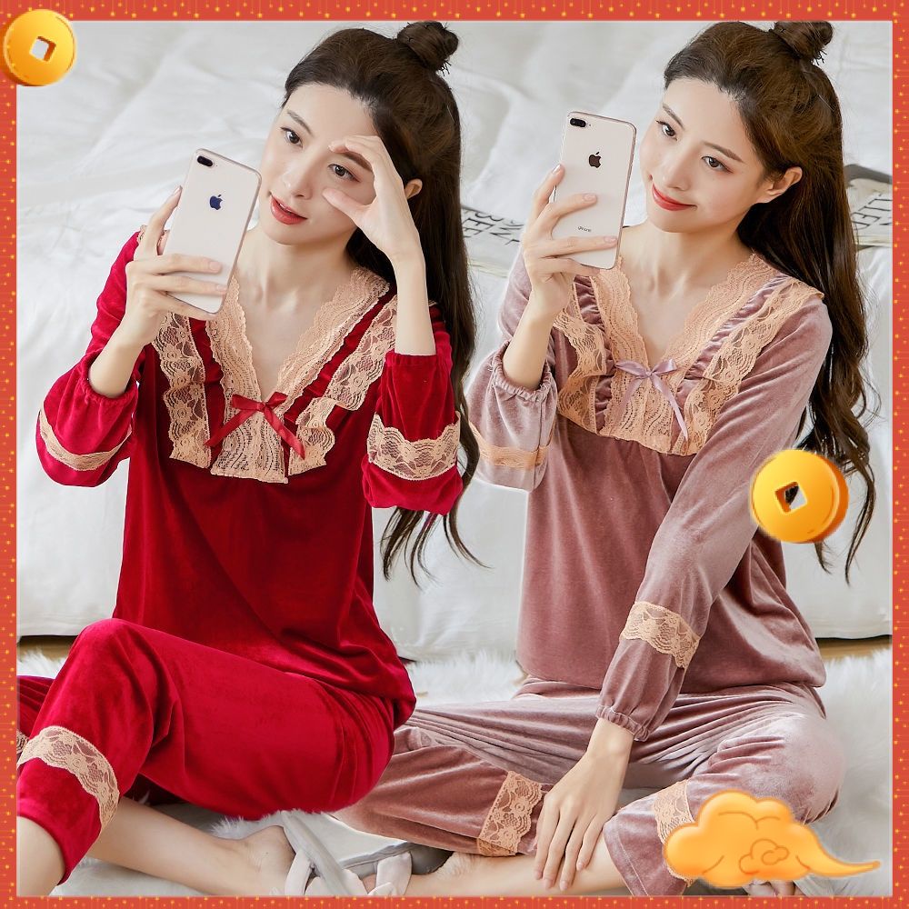 Bộ đồ ngủ vải nhung phối ren phong cách Hàn Quốc mới cho nữ