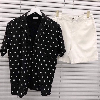 Áo sơ mi nam tay ngắn cổ vest in 3D form rộng vải lụa cao cấp