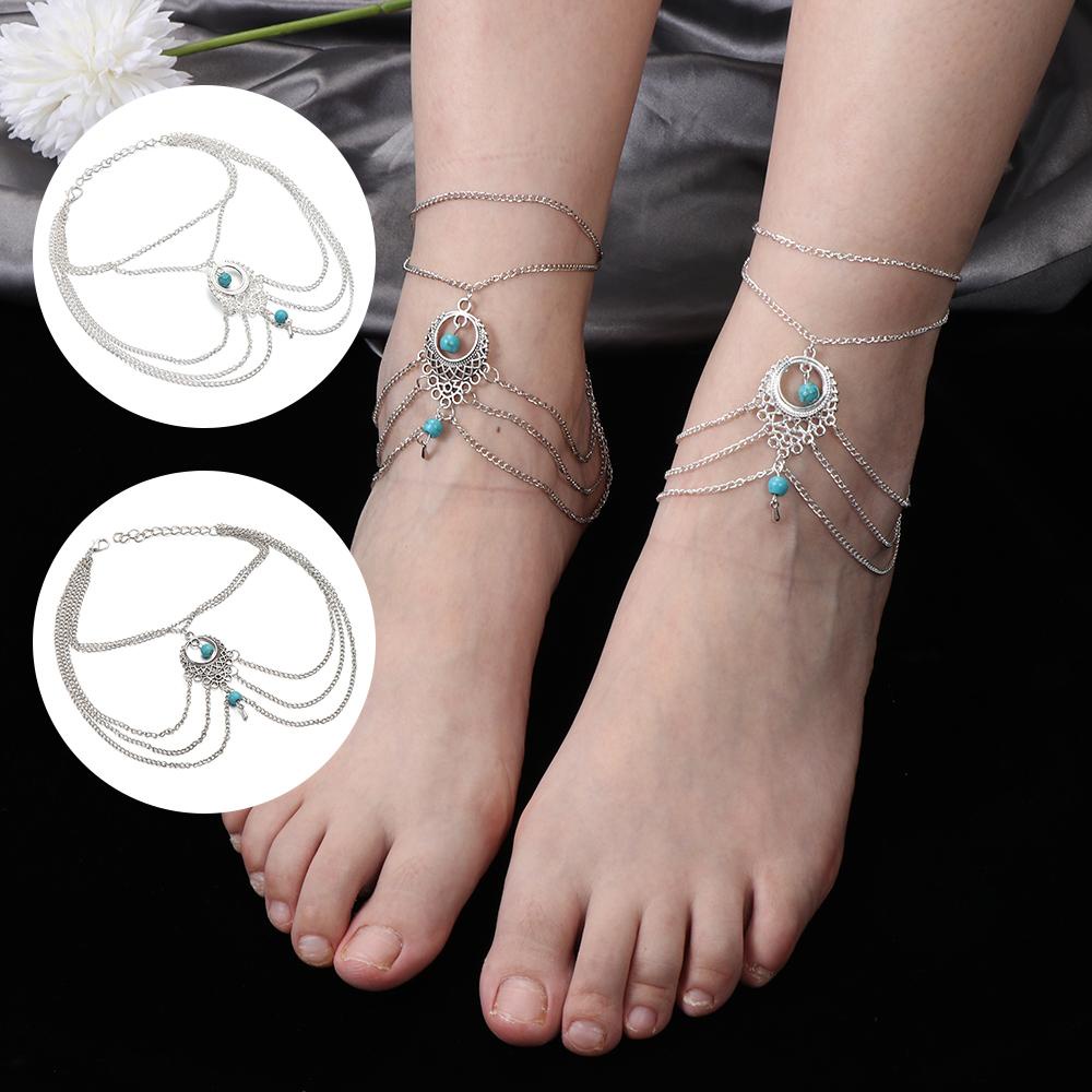 NEXTVN Lắc Chân Dây Xích Mỏng Đính Đá Ngọc Lam Phong Cách Dân Tộc Thời Trang Cho Nữ