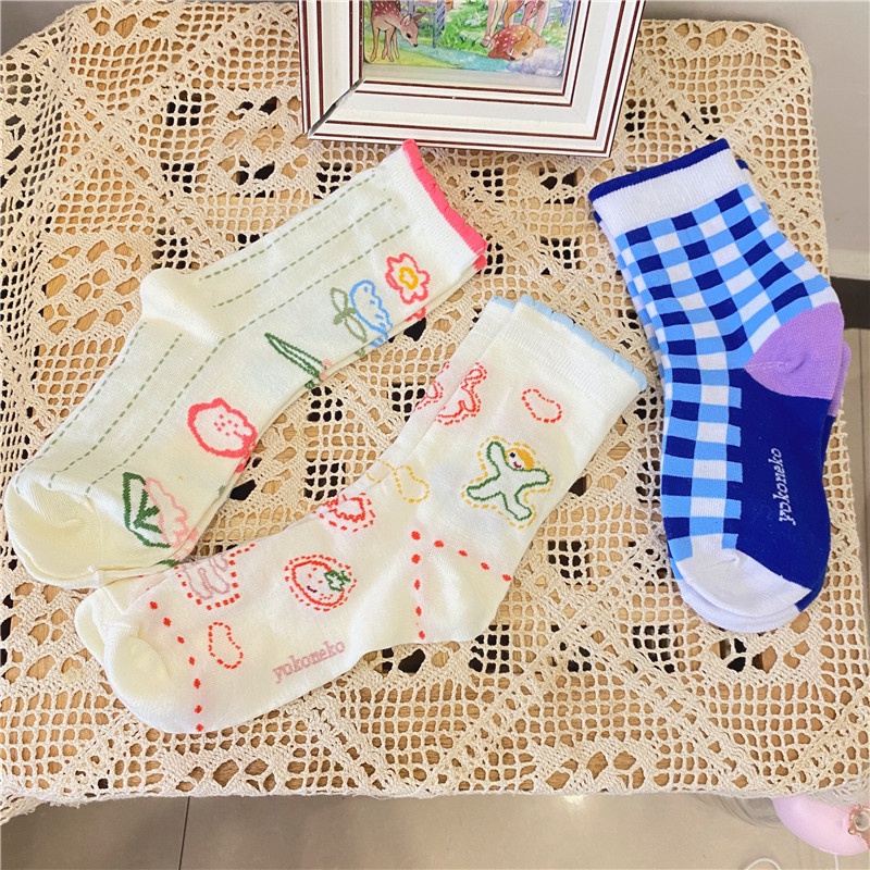 Vớ Cotton Cổ Vừa Họa Tiết Graffiti Thời Trang Xuân Thu Cho Nữ