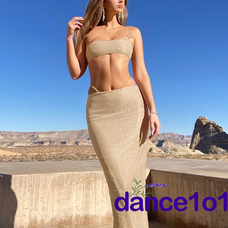 ✪MX❈Women Solid Color Sleeveless Tube Tops+Elastic Long Skirt