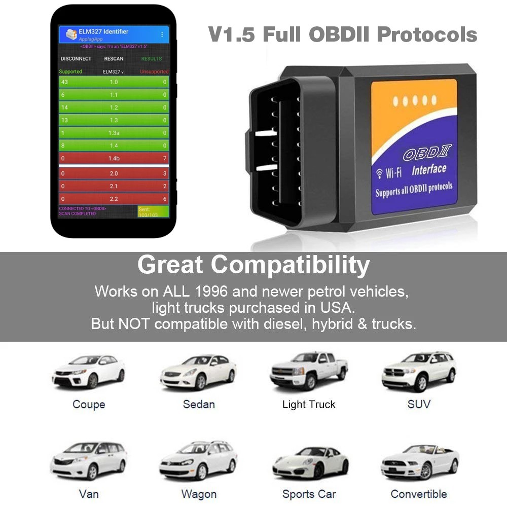 Thiết Bị Quét Mã Code Tự Động ELM327 Wifi V1.5 PIC18F25K80 ELM 327 OBD 2 Cho IOS Android ELM 327 V1.5 WI-FI ODB2