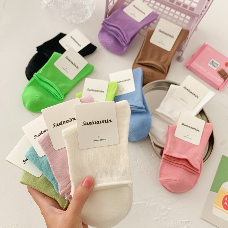 Vớ WAFNHA D597 vải cotton màu kẹo ngọt thoáng khí phong cách Hàn Quốc cho bé gái