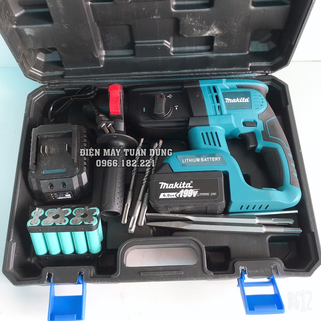 Máy khoan đục bê tông dùng pin Makita 199V Kèm 2 pin TỰ ĐÓNG - Tặng 5 mũi khoan và đục